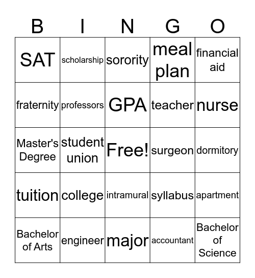 College and Career BINGO Card
