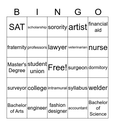College and Career BINGO Card