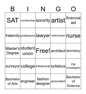 College and Career BINGO Card