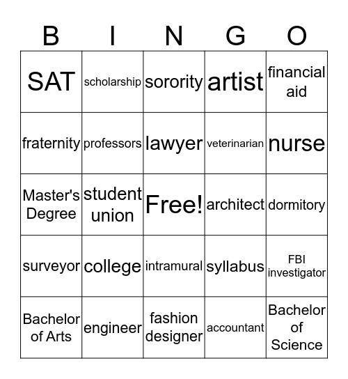 College and Career BINGO Card