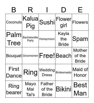 Kayla's Hawaiian Bridal Shower Bingo Card