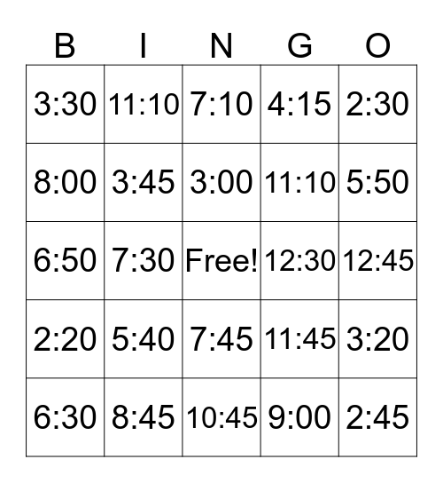 TIME BINGO! Bingo Card