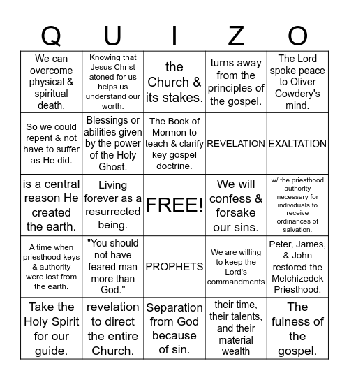 Doctrine and Covenants 1-75 and Joseph Smith History Bingo Card