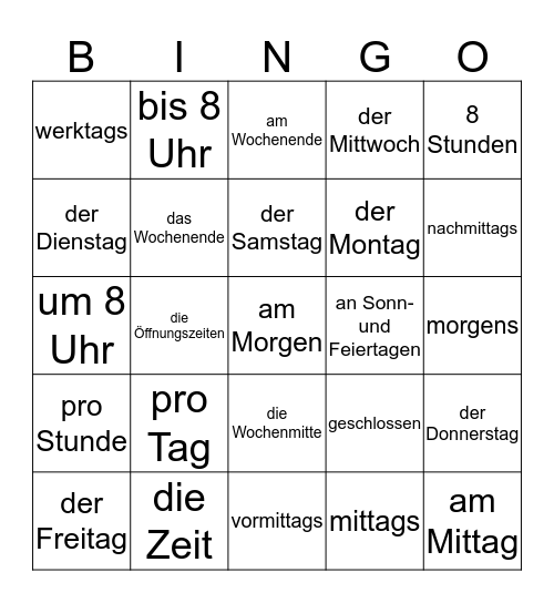 Zeit und Datum Bingo Card