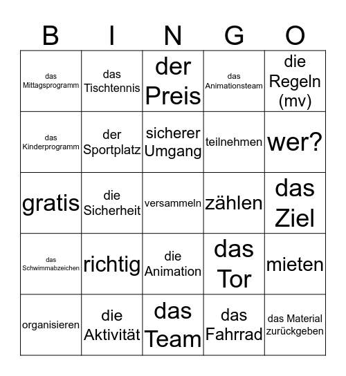 Aktivitäten Bingo Card