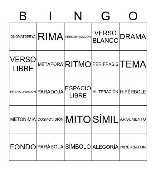 TÉRMINOS LITERARIOS Bingo Card