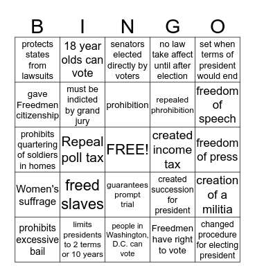 Amendment Bingo Card