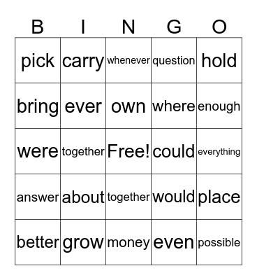 3rd grade - sight words Bingo Card