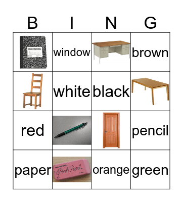 Spanish School Words and Colors Bingo Card