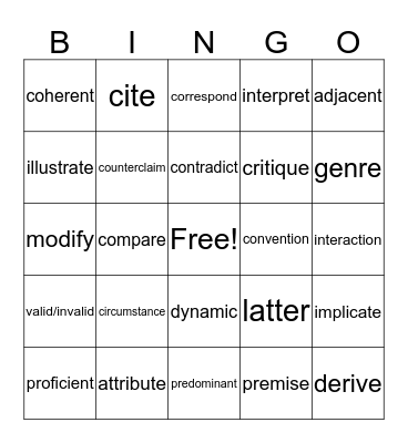 Wildcat Word Bingo Card