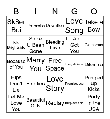 00's Hits SINGO Bingo Card