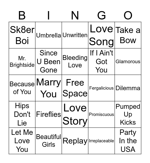 00's Hits SINGO Bingo Card