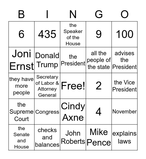Citizenship Bingo - System of Government Bingo Card