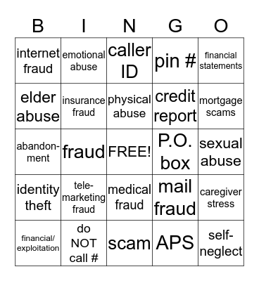 ELDER SCAMS/FRAUD/ABUSE Bingo Card
