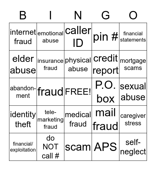 ELDER SCAMS/FRAUD/ABUSE Bingo Card