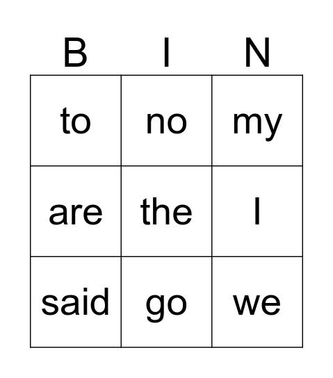 Tricky Word Bingo Card