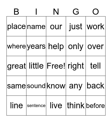 Second 100 Words Bingo Card