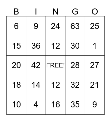Multiplication and Division Bingo Card