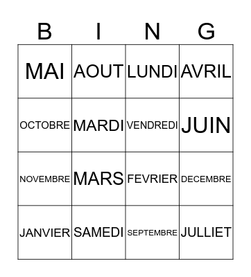 LES JOURS ET MOIS Bingo Card