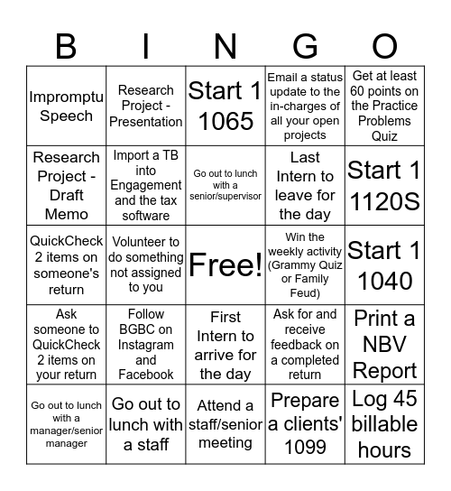 January 21 - February 1 Bingo Card