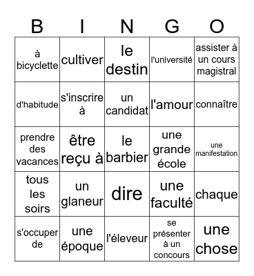 French II Vocab 4.2 Bingo Card
