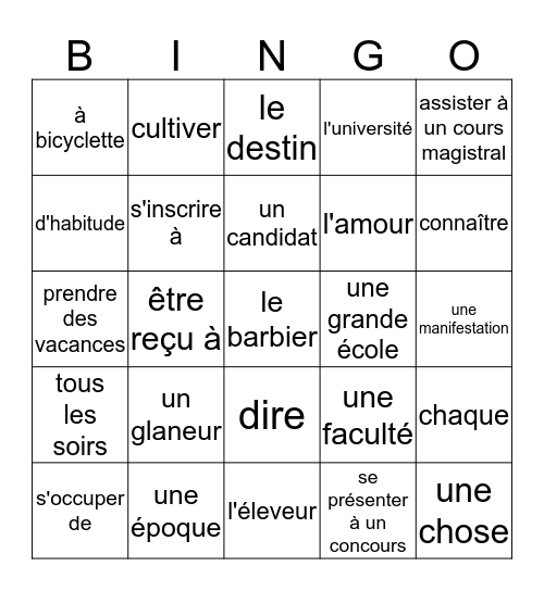 French II Vocab 4.2 Bingo Card