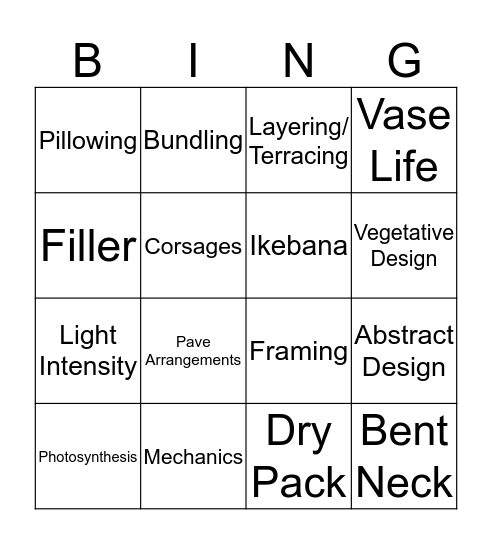 Floral Design Bingo Card