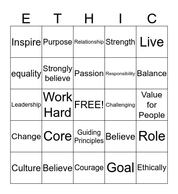 Personal Ethic Bingo Card