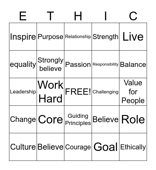 Personal Ethic Bingo Card