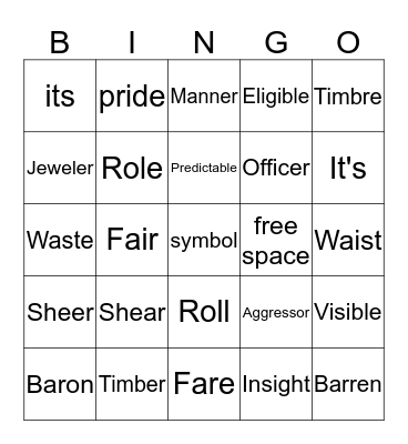 Spelling Words Bingo Card