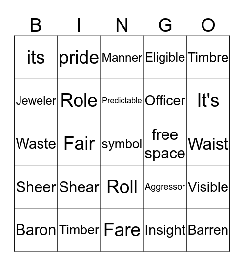 Spelling Words Bingo Card
