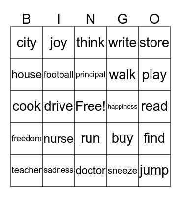 Verb or Noun? Bingo Card