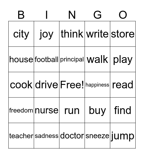 Verb or Noun? Bingo Card