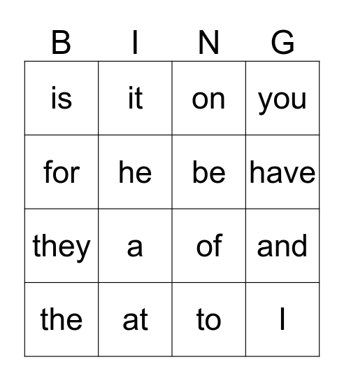 Sight Word Bingo Card