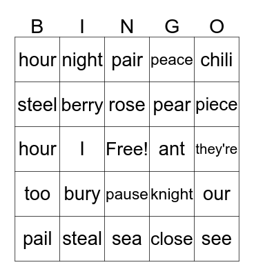 Homophones Bingo Card