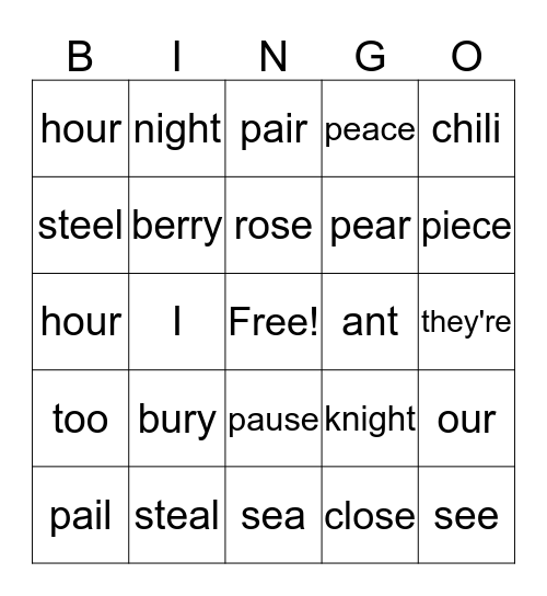 Homophones Bingo Card