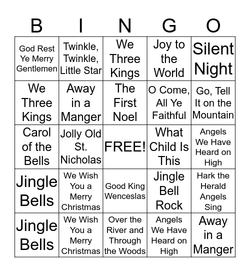 Christmas Songs Bingo Card