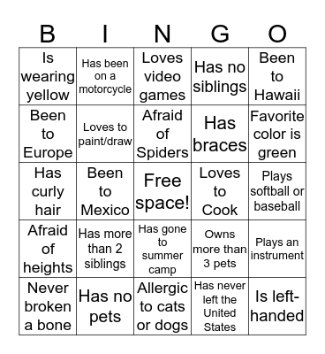 Meet and Greet Bingo Card