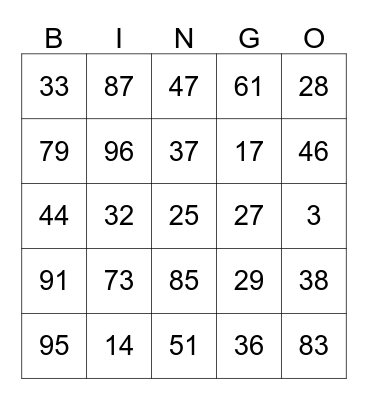 NUMBER Bingo Card