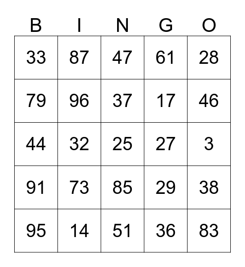 NUMBER Bingo Card