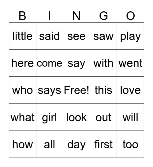 Snap Words Bingo Card