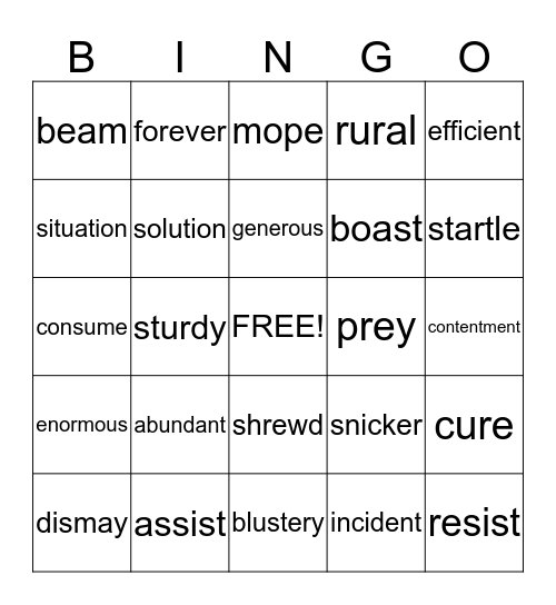 Amazing Words Bingo Card