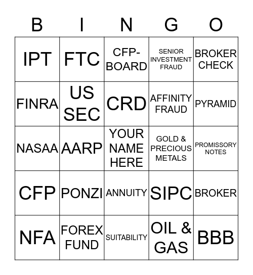 Investment Fraud Bingo Card
