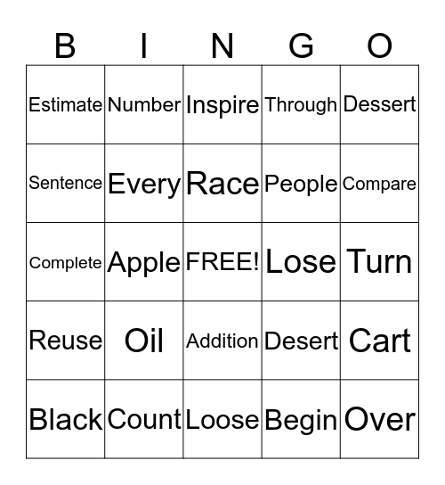 Zani's Spelling Words Bingo Card