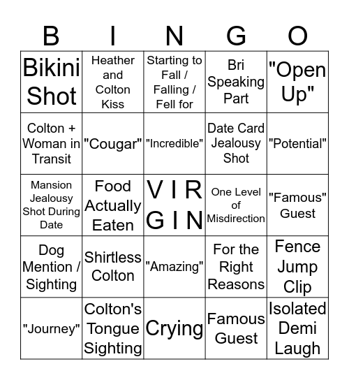 Colton Bachelor Bingo Card