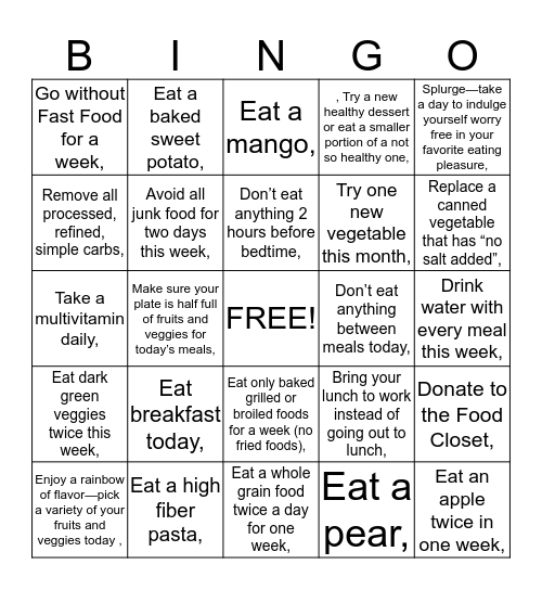 Healthy Eating Bingo Card