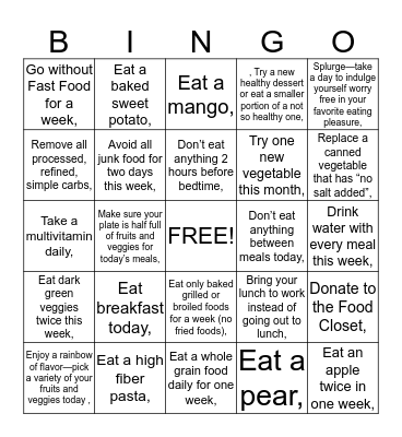 Healthy Eating Bingo Card