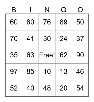 Place Value Bingo Card