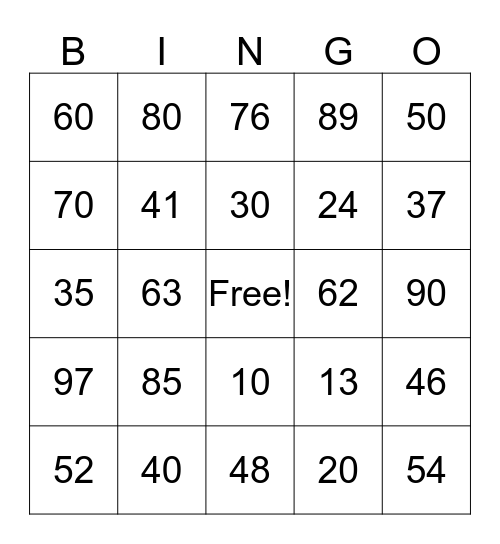 Place Value Bingo Card