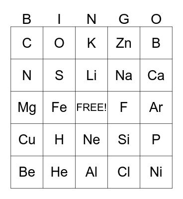 Periodic Table Bingo Card